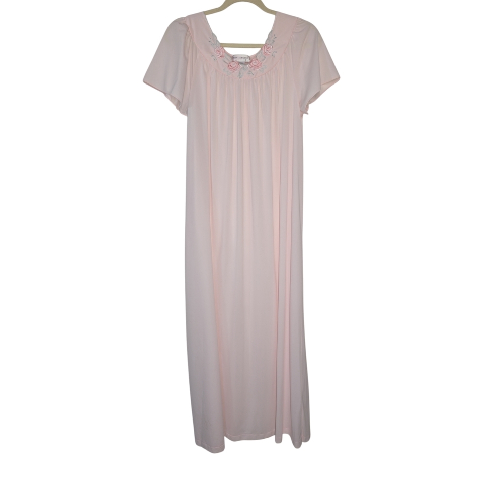 Vintage Shadowline Pink Embroidered Long Nightgown Short Sleeve SMALL